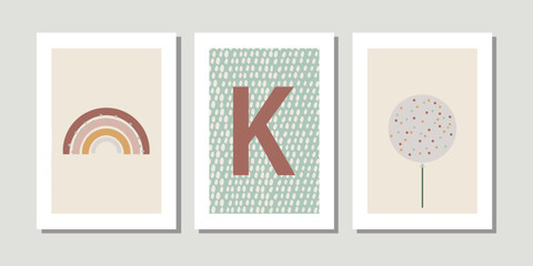 Kids, child art interior home decor. Letter K. 3 pieces frame canvas wall art. Colorful prints with shapes, Rainbow, balloon. Element for design. Three vertical frame posters on floor with white walls