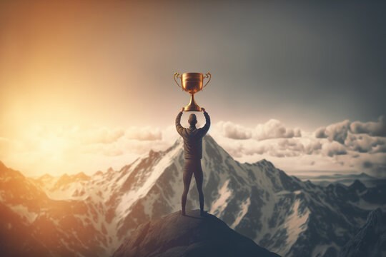 A man standing on the top of high mountain and holding trophy