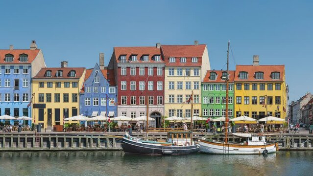 Panorama view of Nyhawn, the colorful houses next to the old port. Tourist visiting restaurants, cafes and ships in the canal. The most important sightseeing spot in Copenhagen, Denmark.