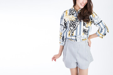 Close up attractive Asian girl smiling on white background with copy space.