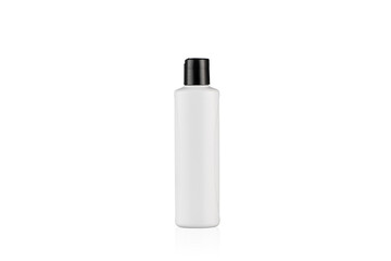 Plastic White Bottle with Black lid , isolated on white background.  White cosmetic container on a white background.
Shampoo bottle.