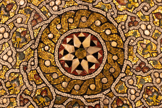 Islamic medieval arts in historic buildings. Ancient mosaic ornaments of mosque of Abraham in Hebron city of Palestine.