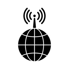 Icon of globe and antenna with signals. Symbol of Internet connection or other communication transmission across the planet and beyond. Vector Illustration