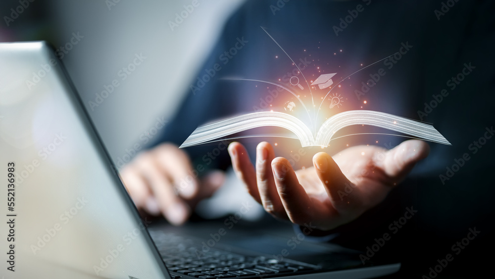 Poster Concept of Online education. man use Online education training and e-learning webinar on internet for personal development and professional qualifications. Digital courses to develop new skills.