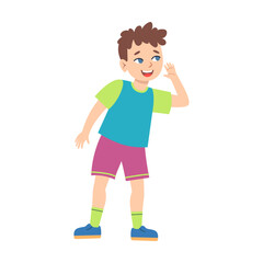 Teen cartoon boy calls a friend vector illustration. Little kid smiling and laughing, characters showing different emotions isolated on white