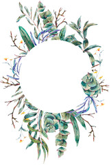 Watercolor green eucalyptus, tropical leaves frame, botanical natural vintage illustration transparent png - 552137951