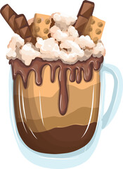 Cup with winter hot coffee. Cappuccino or cocoa with decoration. cream, marshmallow and caramel tube.