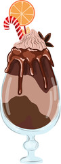Cup with winter hot coffee. Cappuccino or cocoa with decoration. cream, marshmallow and caramel tube.