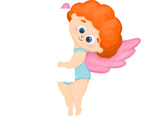 Horizontal banner for Valentine's Day 14 February. Cute cupid character. white background for text