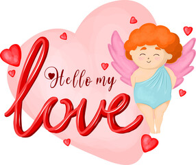 Cupid sticker, with hearts and romantic decor. Happy valentine's day.hello my love.pink heart. angel cupid character.