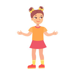 Teen cartoon girl stands and spreads his arms to the sides, vector illustration. Little kid smiling and laughing isolated on white
