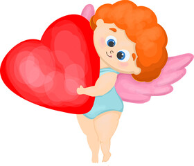 angel cupid character. Cupid is holding a red heart. valentine's assistant valentine's day decor.Red heart.