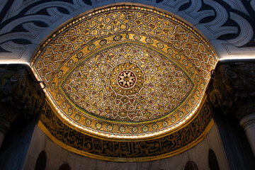 Islamic art in ancient buildings. Decors of mihrab in Abraham mosque in Hebron city - Palestine....