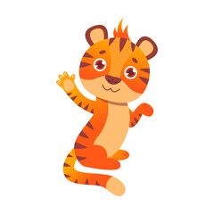 Tiger character vector illustration. Cute funny wild animal cartoon character smiling and waving, symbol of 2022 on white background