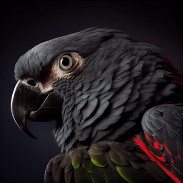 Close up photos of impressive black parrots over black background, Generative AI