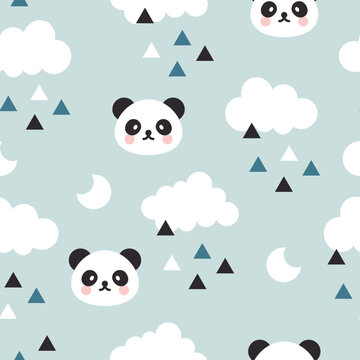 scandinavian style blue sky seamless pattern with kawaii face panda bear and clouds, moon and triangles. Kids fabric and textile vector design.