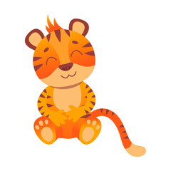 Tiger character sitting and smiling vector illustration. Cute funny wild animal cartoon character smiling and waving, symbol of 2022 on white background