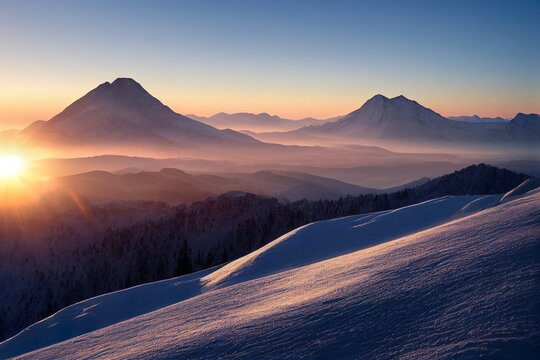 Winter landscape in sunset
