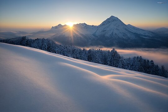 Winter landscape in sunset