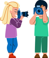 photograph kid vector. camera photo, child photography, photograph picture, happy boy girl, children expression photograph kid character. people flat cartoon illustration