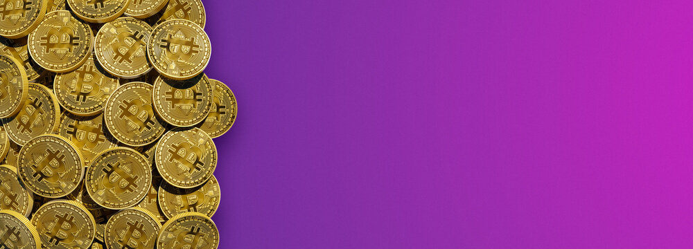 Scattered bitcoin coins isolated on purple background. Horizontal crypto banner template blank. BTC cryptocurrency blockchain design blank