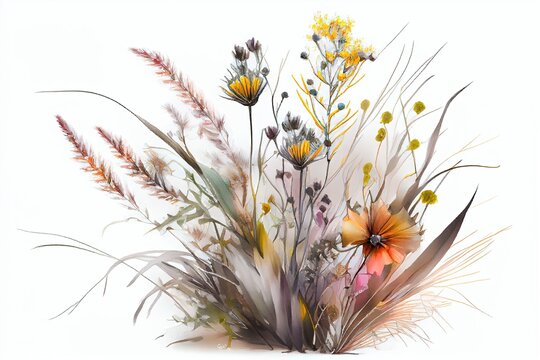 Flowering wild grass and herbs isolated on white background. Meadow flowers wildflowers and plants. Generative AI illustration.