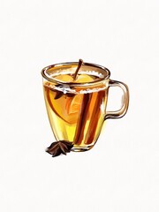 Mulled wine illustration. Autumn drink. Mulled wine with orange and apple. Watercolor and pencil illustration 
