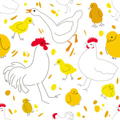 Seamless pattern of hens, roosters, chickens, and geese in doodle style. Pattern of farm animals. Vector illustration.