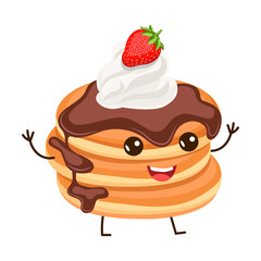 Stack of pancakes with chocolate. Breakfast food character with cute face. Funny healthy food on white background