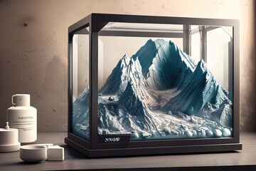 photorealistic snowy mountain in a sci-fi/knolling case - AI Generated