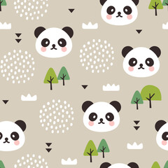 cute panda bear beige scandinavian forest seamless pattern wallpaper, kids cute woodland animals with clouds and green pines fabric and textile print design.