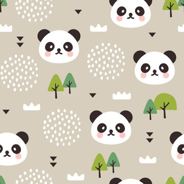 cute panda bear beige scandinavian forest seamless pattern wallpaper, kids cute woodland animals with clouds and green pines fabric and textile print design.
