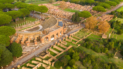 Aerial view on the Roman theatre of Ostia Antica, a large archaeological site, close to the modern...