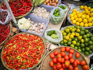 Indonesian Traditional market with various fruits and herbs