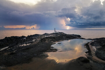 Drone with images of the Favarix lighthouse on the European coast.