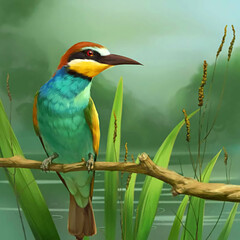 illustration of a bird on a branch, Merops apiaster