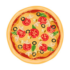 Top view of pizza with tomatoes and mushrooms, vector illustration. Pepperoni, pizzas with different ingredients for menu isolated on white background