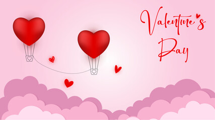 Vector love postcard for Valentine's Day with balloons connected by a rope, paper clouds and pink background