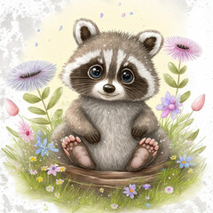 raccoon with flowers - obrazy, fototapety, plakaty