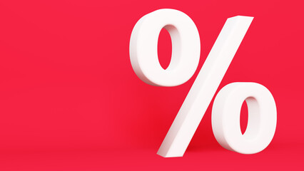 3d percentage symbol. White 3d percent sign on red background.