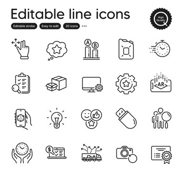 Set of Technology outline icons. Contains icons as Inspect, Certificate and Canister oil elements. Usb stick, Move gesture, Idea web signs. Timer, Truck delivery, Recovery photo elements. Vector