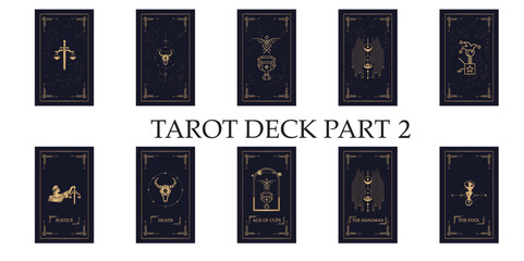 Magical tarot cards deck set. Spiritual moon and celestial eye symbols. Vector illustration. Astrology or sacred geometry poster design. Magic occult pattern, esoteric boho style. - obrazy, fototapety, plakaty