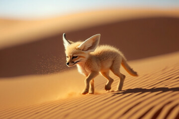 cute baby fennec fox walking in the desert, Generative AI image - obrazy, fototapety, plakaty