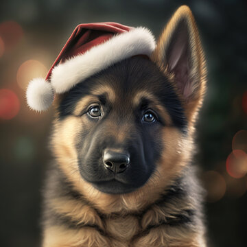 A cute adorable German shepherd puppy wearing a Santa hat, Christmas, created with Generative AI