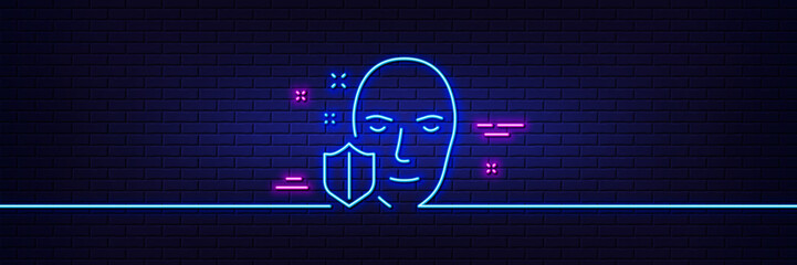Neon light glow effect. Face detection protected line icon. Secure access sign. Facial identification symbol. 3d line neon glow icon. Brick wall banner. Face protection outline. Vector
