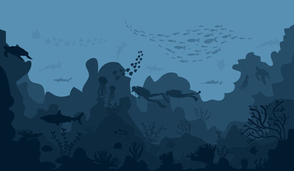 silhouette of coral reef with fish and divers on blue sea background underwater vector illustration	
