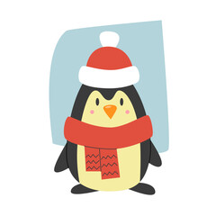 Flat vector illustration of 
penguin with red cap and scarf