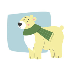 Flat vector illustration of polar white bear with green scarf