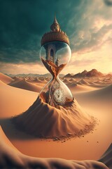 Sand clock in the desert, hourglass shape, passing of time concept, generative ai.