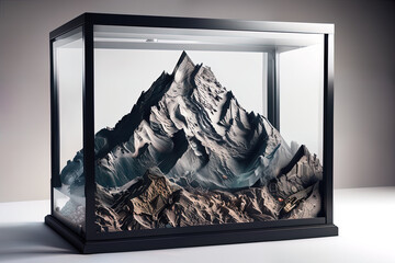 photorealistic snowy mountain in a sci-fi/knolling case - AI Generated